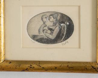 Closeup of the small etching/print of woman holding a mirror, it's signed in pencil and edition number 7 of 25.  