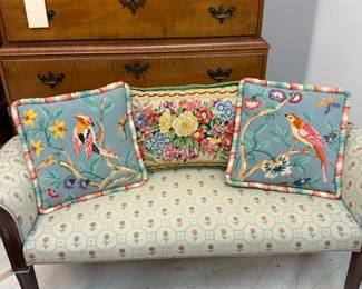 Vintage decorative needlepoint cushions with birds and floral themes