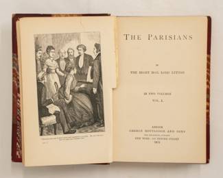 Inside page from1 of 7 volumes of the "Bulwer's Novels," by Edward Bulwer-Lytton, hardcover, published 1875 by George Routledge and Sons, London. Includes The Parisians, Harold, Coming Race, Eugene Aram, The Caxtons, and The Student, Etc.