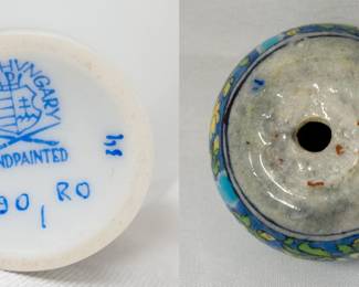 Another view of the Herend porcelain "Rothschild Bird" pattern small bud vase, and a hand-painted glazed floral decoration paperweight