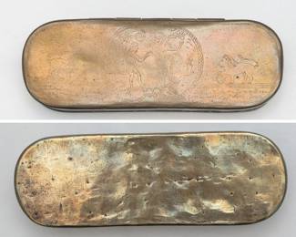 Rare 18th/19th century brass Iserloh or Dutch tobacco or snuff box, engraved text with what appears to be a biblical Adam and Eve scene engraved on the lid.