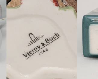 Closeups of Spode Trade Winds creamer, a Villeroy & Boch hand-painted owl trinket box, and a vintage Sascha Brastoff Star Steed Vase 
