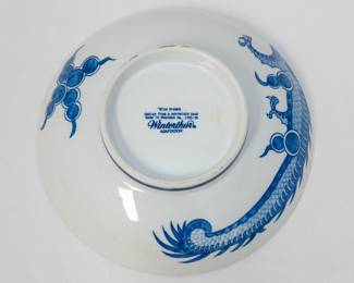 Reverse view of the blue and white porcelain bowl with writhing dragon in clouds, base marked Blue Dragon design from a porcelain bowl made in England ca. 1765-76 Winterthur Adaptation 