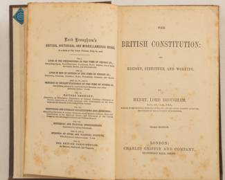 Inside pages of The British Constitution by Lord Henry Brougham, hardcover, third edition published 1860 by Charles Griffin and Company, London
