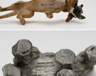 Closeups of the a pewter Scottish Terrier stamped Rawcliffe Pewter 1982, and a Bird Dog carrying a duck in its mouth 