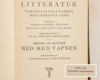 Inside page of Ned Med Vapnen by Bertha Von Sutter, hardcover, published 1927 by Baltiska Forlaget Aktiebolag