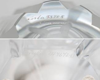 Closeup of a 70s vintage Kosa Boda lead crystal bowl designed by Rolf Sinnemark, and an Orrefors Swedish crystal Orion vase designed by Lars Hellsten 