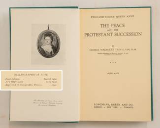 Inside pages of two volumes of England Under Queen Anne by G. M. Trevelyan: The Peace and the Protestant Succession, and Blenheim, hardcovers, published in 1942 by Longmans, Green and Co.