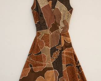 A vintage 1970s Hawaiian brown and and gold sleeveless dress, inside label made in Hawaii for Andrade Honolulu