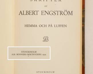 Inside page of Skrifter av Albert Engstrom Hemma Och Pa Luffen, hardcover, published 1939 by Albert Bonniers Forlag, Sweden
