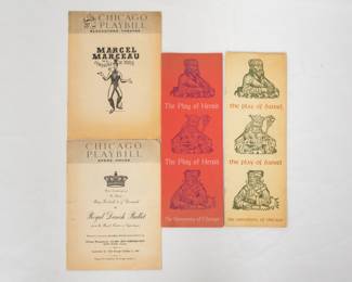 A vintage Chicago Playbill program for a performance by Marcel Marceau and his Compagnie de Mime at the Blackstone Theatre in Chicago, a vintage 1960 Chicago Playbill program for the Royal Danish Ballet at the Opera House, and two University of Chicago programs for the Play of Herod, and the Play of Daniel