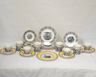 Fine Villeroy & Boch porcelain dinnerware in their country style pattern Audun Ferme, showing pastoral scenes in dark gray and white with a distinctive yellow accent border. Four dinner plates, four salad plates, four soup/cereal bowls, along with four flat cup and saucers, four coffee mugs