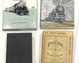 Books for train enthusiasts and train history buffs! The Quanah Route A History of the Quanah, Acme & Pacific Railway by Don L. Hofsommer; Pere Marquette Power by Thomas W. Dixon and Art Million; The Story of American Railroads by Stewart H. Holbrook; The Official Guide of the Railways and Steam Navigation Lines of the United States, Porto Rico, Canada, Mexico and Cuba published by Rand McNally