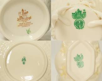 Closer look at Two Belleek Ireland porcelain coffee mugs, one with the inscription "Whatever you do may the Luck of the Irish be with you!" and the other inscribed with "May your coffee be strong and your Monday be short," both in original boxes; a vintage Belleek porcelain tri-footed miniature spill vase with applied flowers and a basket weave pattern, a Belleek Ireland Tridacna pattern handled cake plate, and a Belleek porcelain shell design bon bon dish