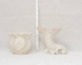 Vintage Belleek Ireland porcelain Neptune vase in twisted shell form with applied shamrocks, and a vintage Belleek Ireland fine porcelain gold trimming Top "Fermanagh" vase or cornucopia vase 