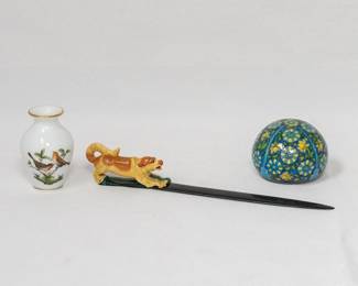 A Herend porcelain "Rothschild Bird" pattern small bud vase, a vintage decorative letter opener with a dog-shaped handle, and a hand-painted glazed floral decoration paperweight