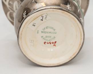 Closeup of gorgeous pair of Millicent Taplin for Wedgwood resist lustre vases circa 1925, footed trumpet form with platinum ground, painted with stylized floral sprays, Wedgwood of Etruria and Barlaston mark