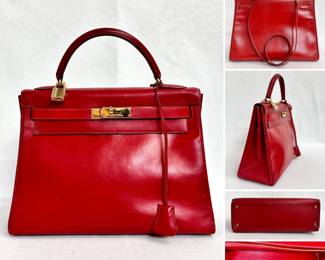 A beautiful 1993 vintage Hermès Kelly Retourne 32 handbag in rouge box leather, authenticated by Entropy. It comes with a single rolled handle, a removable shoulder strap, and dust bag.
