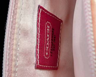 Closeup of a rare vintage Coach Soho mini buckle wristlet clutch in pink