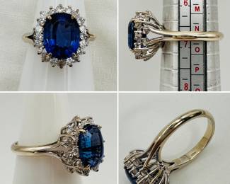 More views of the 18kt gold ring set with an astounding deep blue tanzanite central stone surrounded two galleried levels of accent diamonds, size 7-1/4