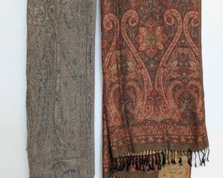 Vintage Paisley pattern scarves, one with knotted fringe ends