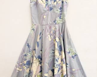 A charming summertime seaside dress – vintage Tori Richard Honolulu dress with spaghetti straps, fitted bodice and full skirt, light blue and lilac colors with printed pattern of seashells, coral and starfish; size 16