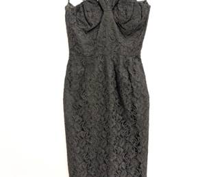 A vintage Molly Modes party dress, black lace, fitted bodice with halter neck