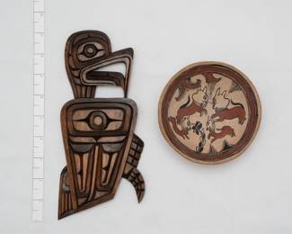 A signed Delmar Joseph carved cedar wood bald eagle totem wall plaque. (Delmar Joseph (b. 1956) is a member of the Coast Salish Nation, Squamish Tribe, from British Columbia, Canada. He learned to carve from his father, the late Chief Larry Joseph.)