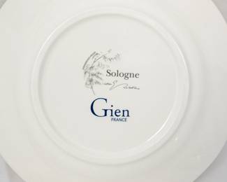 Reverse view of one of four dessert or salad plates by Faiencerie De Gien from their Sologne collection. The collection was designed by Estelle Rebottaro and features detailed illustrations of the flora and fauna found in the Sologne region of central France.  