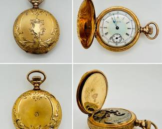 Antique Elgin 14k gold hunter-case pocket watch. Per serial number engraved on the movement, it dates to 1896 production, has 15 jewels, and was crafted in Elgin, Illinois.