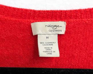 Closeup of vintage Halogen red cashmere v-neck sweater size M