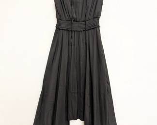 Vintage Sam Edelman sleeveless little black dress with gathered shirred waist, V-neck, and handkerchief hem, size S