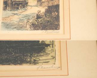 Closeup of two vintage colored etchings of Paris scenes, signed by artist lower right; each has label on the back of the frame  that reads "Louvre, Paris, summer 1945." 