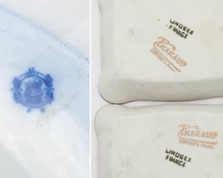 Another view of the pair of Tharaud Limoges France porcelain trinket dishes with neoclassical charioteers decoration, and an antique W.H. Grindley flow blue ceramic platter, Staffordshire, England