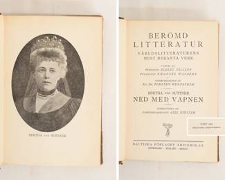 Composite of inside pages of Ned Med Vapnen by Bertha von Suttner, hardcover, 1927, publishers Baltiska Forlaget Aktebolag