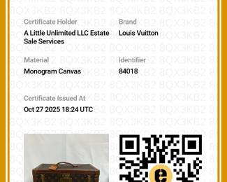 Certificate of authenticity from Entropy for the 1980s vintage Louis Vuitton monogram Boite Bouteilles train case, a hard-sided trunk case crafted of Louis Vuitton Monogram coated canvas with a vachetta leather top handle, reinforced brass corner plates, S lock and two latches. The top opens to a beige leather interior with a full mirror set in the lid, vachetta leather belts for bottles, and a removable tray insert. Comes with a dust bag, name tag, and keys. Certificate of authenticity from Entropy.