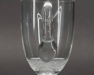 Another view of the signed Lalique crystal pitcher in the Phalsbourg pattern, 7 5/8 inches high, signed Lalique France in script on the base.  