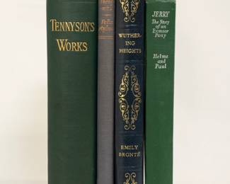 Tennyson's Works, hardcover, published 1880 by C. Kegan Paul & Co., London; Dickens Incognito by Felix Aylmer, hardcover published 1959 by Rupert Hart-Davis, London; Wuthering Heights by Emily Bronte, hardcover, published 1966 by Heron Books; Jerry The Story of an Exmoor Pony by Eleanor E. Helme and Janice Paul, hardcover, published 1949 by Eyre & Spottiswoode, London
