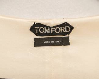 Closeup of Tom Ford white dress with zippers, made in Italy