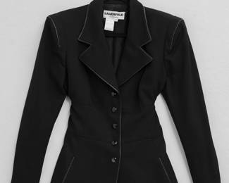 A vintage Karl Lagerfeld black wool blazer with leather trim, made in France, size 44