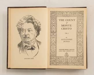 Inside pages of The Count of Monte Cristo by Alexandre Dumas, two volumes, hardcovers, published by Odhams Press Limited, London