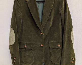Vintage JRG dark olive green lined corduroy two-button blazer with suede elbow patches, size 9, made in Japan
