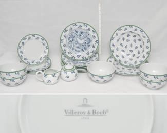 A set of Villeroy & Boch Switch 3 porcelain dinnerware  includes 6 dinner plates, 4 salad plates, 4 soup/cereal bowls, 2 pasta bowls, and sugar and creamer.