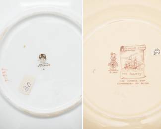 Another view of the antique Wedgwood porcelain octagonal dish circa 1878-1900, Blue Willow pattern scene done in gold gilding over a solid dark blue ground; a vintage Royal Doulton decorative plate featuring the H.M.S. Bounty (this plate is part of the "Famous Ships" series produced 1938 through 1958 by the company.)