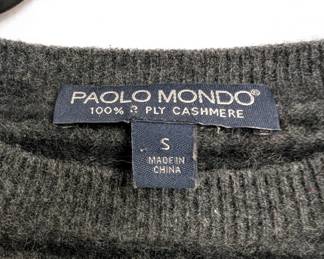 Closeup of vintage Paolo Mondo 2-ply cashmere black and grey striped crew neck long sleeved pullover sweater size S