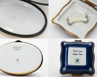 More views of the 2 Limoges Boxes Dogs Schnauzer & Spaniel France Rochard – Limoges Box One: An inquisitive Schnauzer dog wearing a collar and seated on a square shaped blue cushion. Inside the box, a finely modeled dog bone. Marked to the base with Peint main Limoges France and Rochard Limoges Original. Limoges Box Two: An oval form box with yellow ground and plants, a King Charles Spaniel on the lid, curled up with its head on its paws, and a dog bone at its feet. Inside the box is a painted outline of a dog bone. Stamped LIMOGES FRANCE in green paint on the base, along with artisan’s mark.