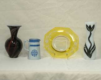 An art glass vase, signed, dated 2011; a Copeland Spode "Heritage Blue" milk jug or creamer, a vintage Westmoreland yellow flash glass etched dessert plate, and a Kosta Boda 'Tulipa' hand-painted art glass vase by Ulrica Hydman-Vallien. 