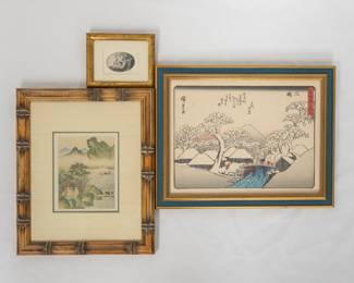 A Chinese landscape watercolor in bamboo frame; a framed woodblock print of Mishima, from the series Fifty-three Stations of the Tokaido Road by Hiroshige, and a small etching/print of woman holding a mirror, it's signed in pencil and edition number 7 of 25.  