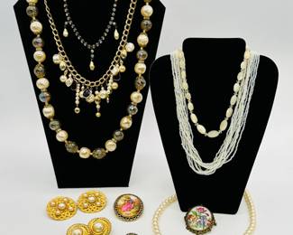 Fun fashion necklaces, brooches and earrings, Faux pearls, gold tone, glass beads, painted enamels