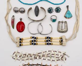 Vintage Zuni Native American southwestern heishi  fetish bird beaded necklaces, a Native American sterling silver triangular turquoise stone pendant, pair of Navajo-style sterling silver concho earrings with a traditional burst design, sterling silver Native American Navajo cuff bracelets with channel inlay of  turquoise and coral stones, and stamped or etched symbols; a vintage Native American bone and blue lapis bead leather choker necklace, a turquoise bead necklace, a western-style engraved nickel silver belt buckle, a sterling silver and polished coral cabochon pendant, a wonderful vintage watermelon tourmaline and sterling silver pendant in chili pepper shape, and more!